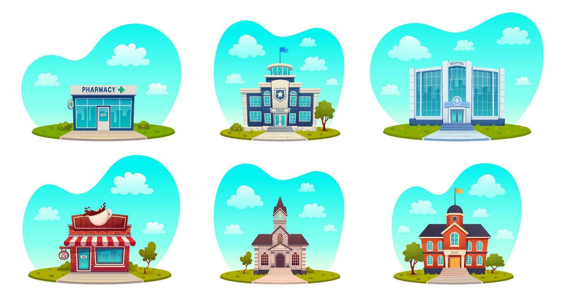uppsättning av tecknad serie byggnader, sjukhus, apotek, skola, Kafé, polis station, kyrka, isolerat på vit vektor