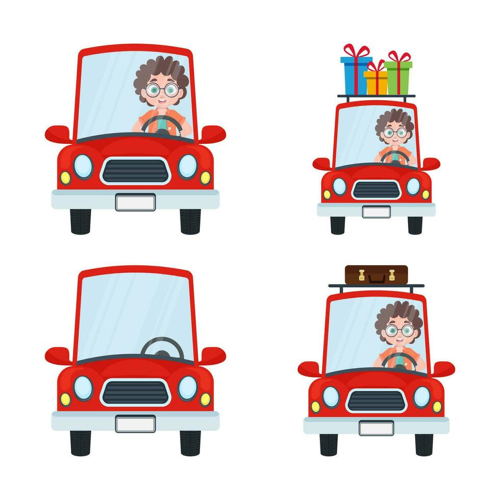 uppsättning av illustrationer av en pojke körning en bil vektor
