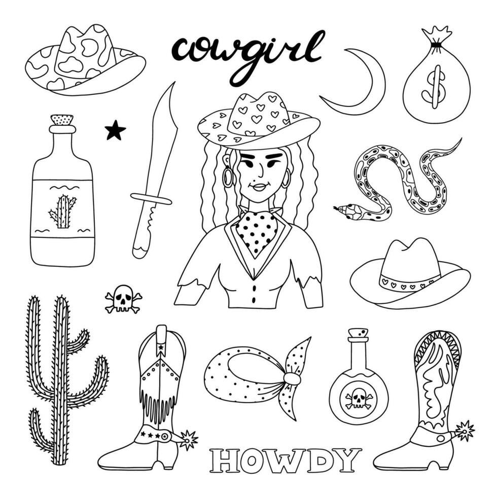 stor cowgirl uppsättning i klotter stil med hand dragen översikt. vektor illustration med Västra stövlar, hatt, orm, kaktus, tjur skalle, sheriff bricka stjärna. cowboy tema med symboler av texas och vild väster.