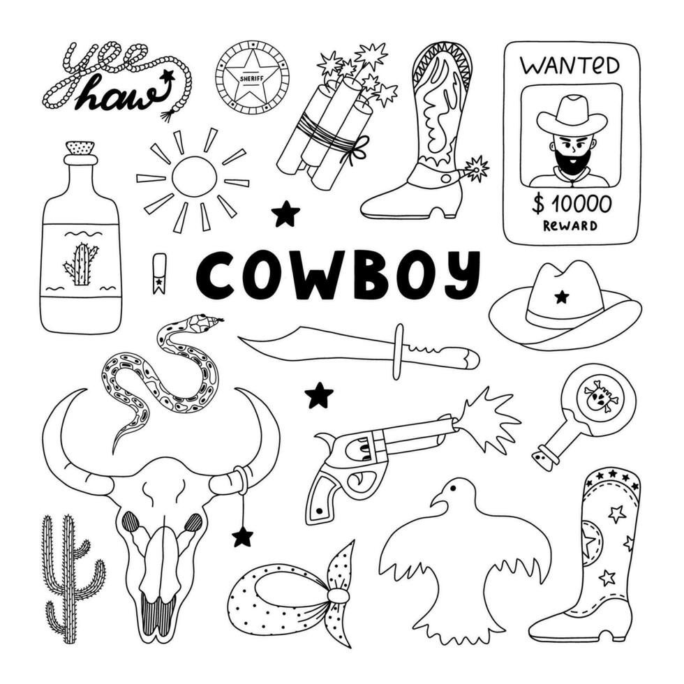 stor vild väst och cowboy uppsättning i klotter stil med hand dragen översikt. vektor illustration med Västra stövlar, hatt, orm, kaktus, tjur skalle, sheriff bricka stjärna. cowboy tema med symboler av texas.