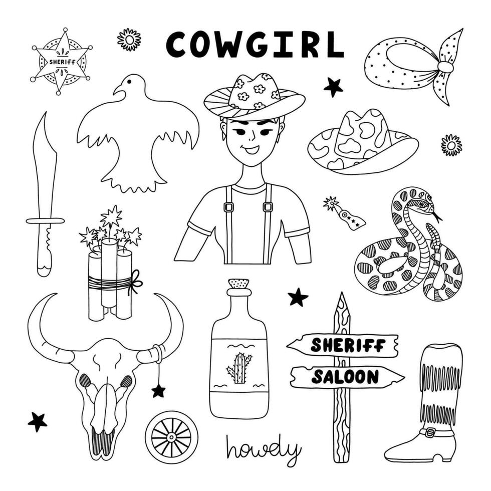 groß Cowgirl einstellen im Gekritzel Stil mit Hand gezeichnet Umriss. Vektor Illustration mit Western Stiefel, Hut, Schlange, Kaktus, Stier Schädel, Sheriff Abzeichen Stern. Cowboy Thema mit Symbole von Texas und wild Westen.