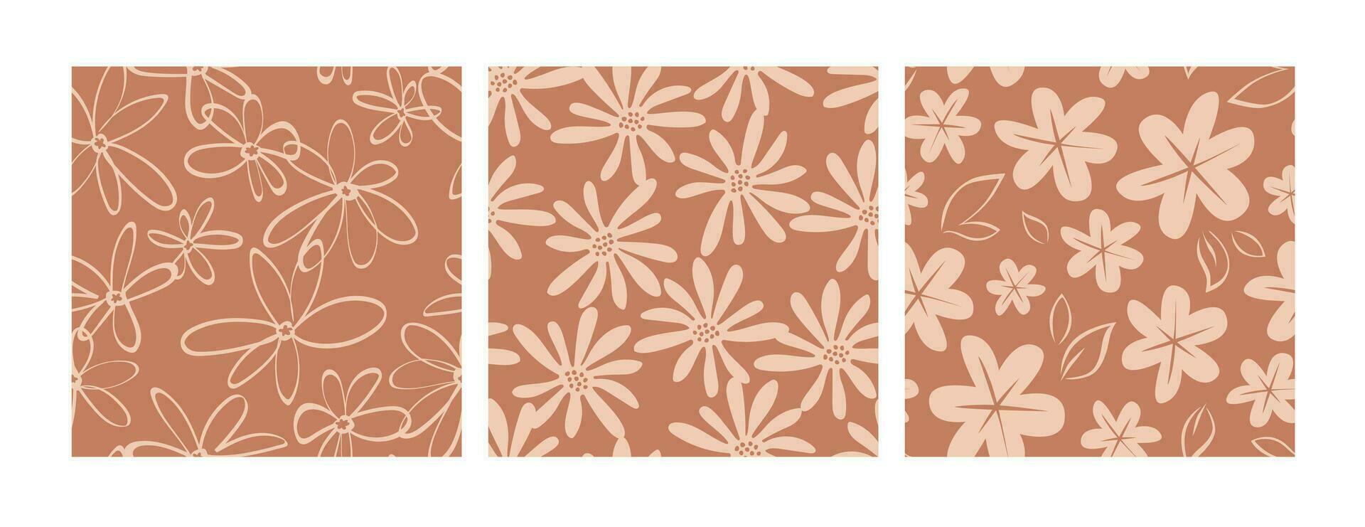 Sammlung von braun nahtlos Muster mit einfach Blumen. modern Blumen- Design. Vektor Illustration.