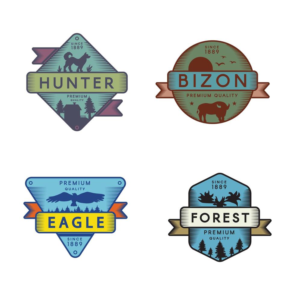 vild örn och bizon, jägare och skog set logotyp vektor