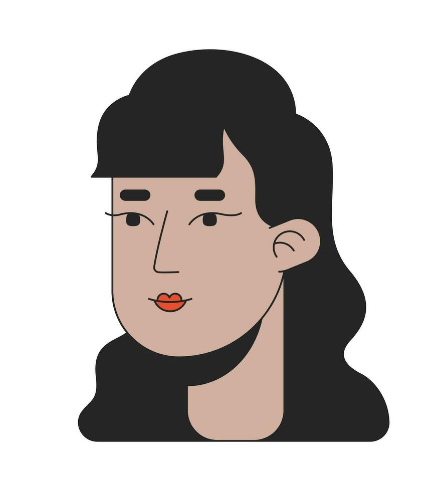 tillfällig indisk lady med lockigt hår 2d linjär tecknad serie karaktär huvud. söder asiatisk ung vuxen kvinna vågig frisyr isolerat linje vektor person ansikte vit bakgrund. Färg platt fläck illustration