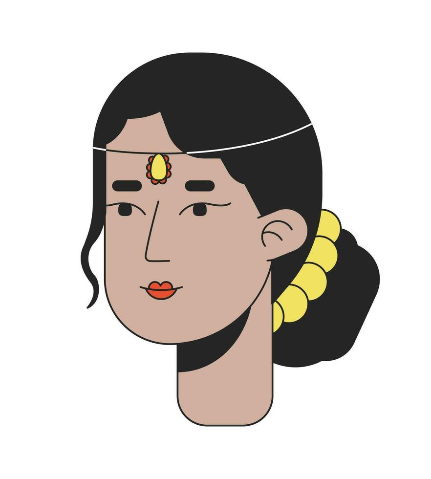 Erwachsene indisch Frau mit Brötchen Frisur 2d linear Karikatur Charakter Kopf. Süd asiatisch Dame tragen Schmuck isoliert Linie Vektor Person Gesicht Weiß Hintergrund. Hochzeit Farbe eben Stelle Illustration