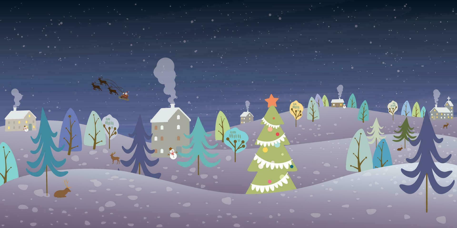 vinter- sagoland i jul natt bakgrund barnslig stil vektor illustration. glad jul hälsning kort mall.