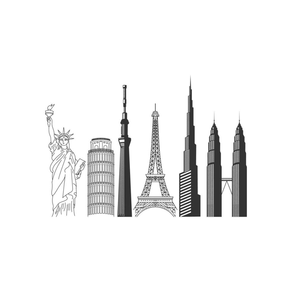 einstellen von Stadt Symbol. Neu York Statue, Italienisch, Frankreich, Dubai und malaysisch Wahrzeichen Türme vektor