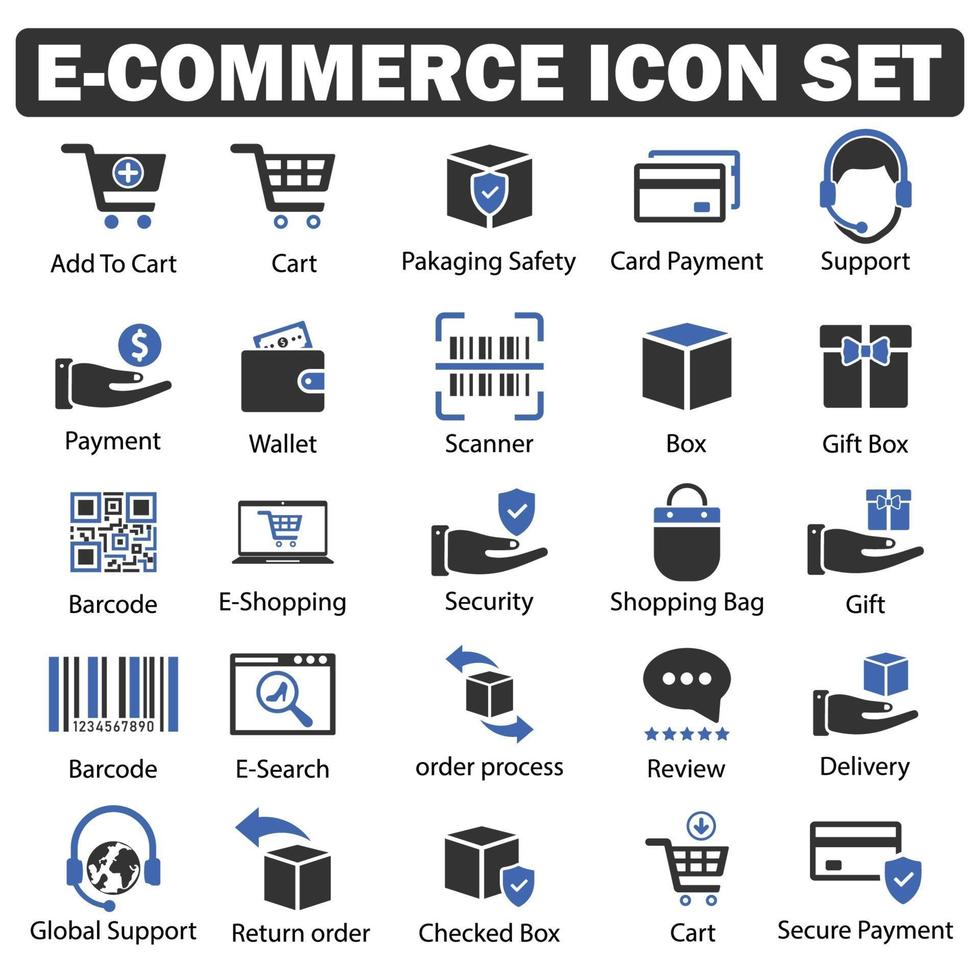 E-Commerce- und Shopping-Icon-Set schwarze und blaue Serie vektor