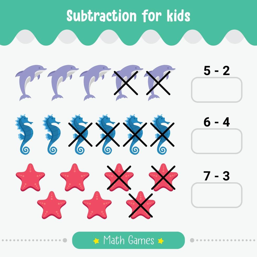 Mathe Kinderspiel Subtraktion für Kinder Mathe Arbeitsblatt vektor