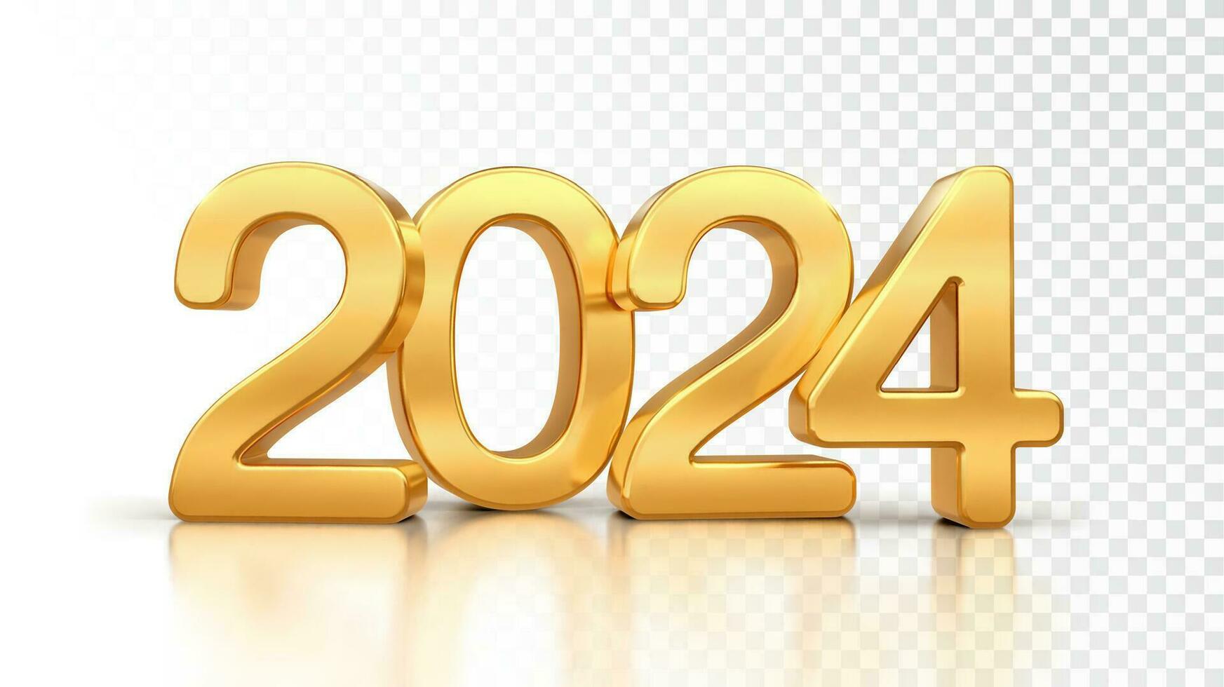 glücklich Neu Jahr 2024. golden 3d Zahlen 2024 isoliert auf transparent Hintergrund. realistisch festlich metallisch Luxus Gold Zahlen. fröhlich Weihnachten und glücklich Neu Jahr Gruß Karte. Vektor Illustration.