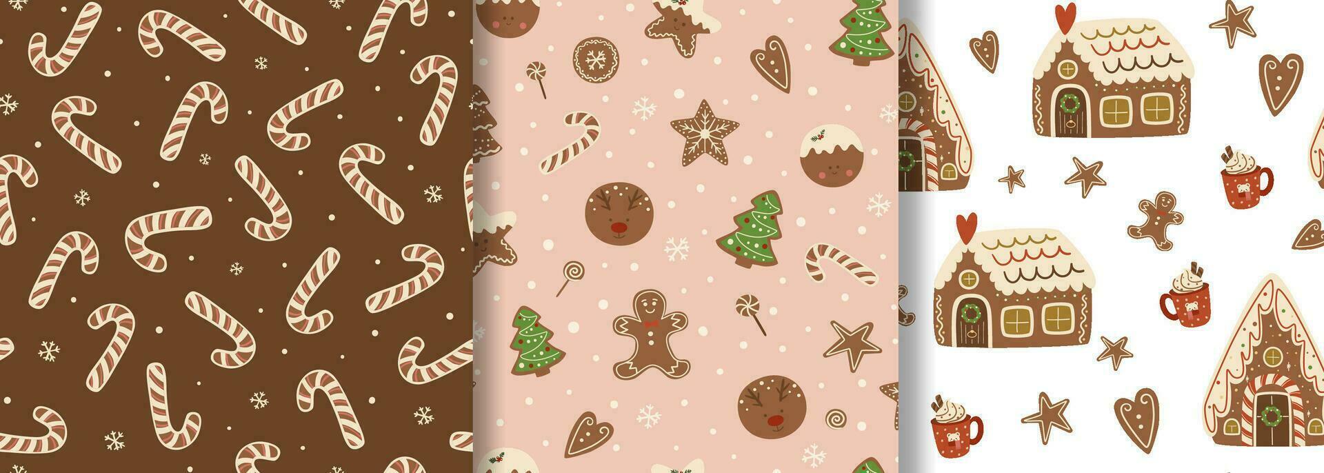 jul efterrätt sömlös mönster uppsättning. pepparkaka hus, småkakor, bakverk på rosa. vektor upprepa bakgrund. gott jul efterrätt skriva ut, yta design, tapet, tyg, omslag papper, paket.