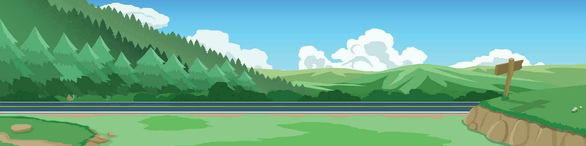 Vektor oder Illustrator von Landschaft Transport von Asphalt Straße natürlich Bereich. Vorderseite Aussicht von Grün Gras mit Straße Zeichen gemacht von Holz. Berge und Kiefer Wälder sind dicht bedeckt. unter Blau Himmel.