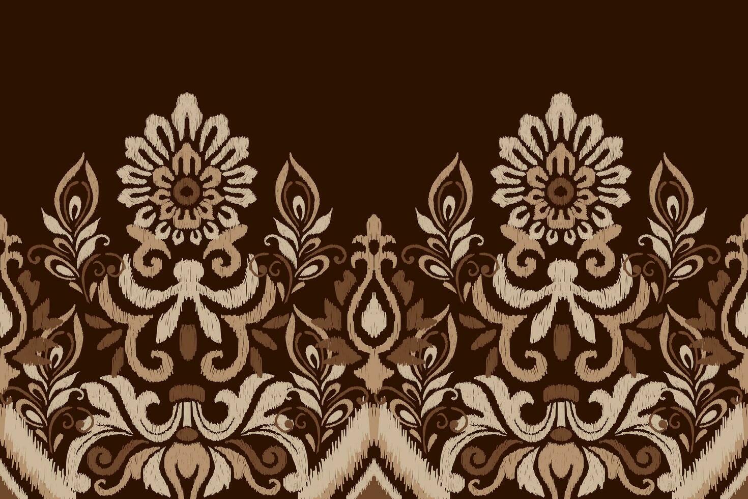 Ikat Blumen- Paisley Stickerei auf braun hintergrund.ikat ethnisch orientalisch Muster traditionell.aztekisch Stil abstrakt Vektor illustration.design zum Textur, Stoff, Kleidung, Verpackung, Dekoration, Sarong, Schal