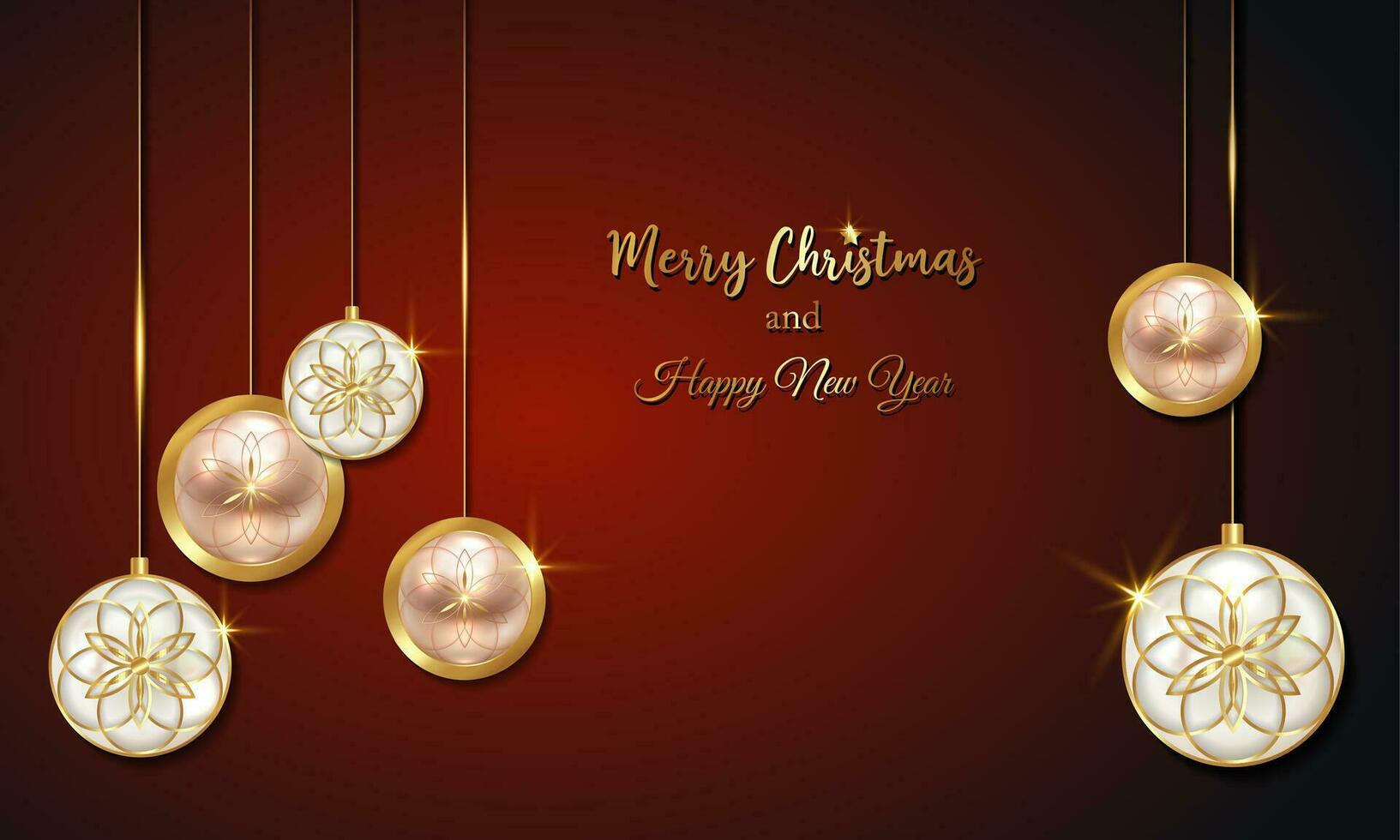 jul lyx Semester baner med guld handskriven glad jul och Lycklig ny år hälsningar och guld färgad jul bollar. vektor illustration isolerat på mörk röd bakgrund