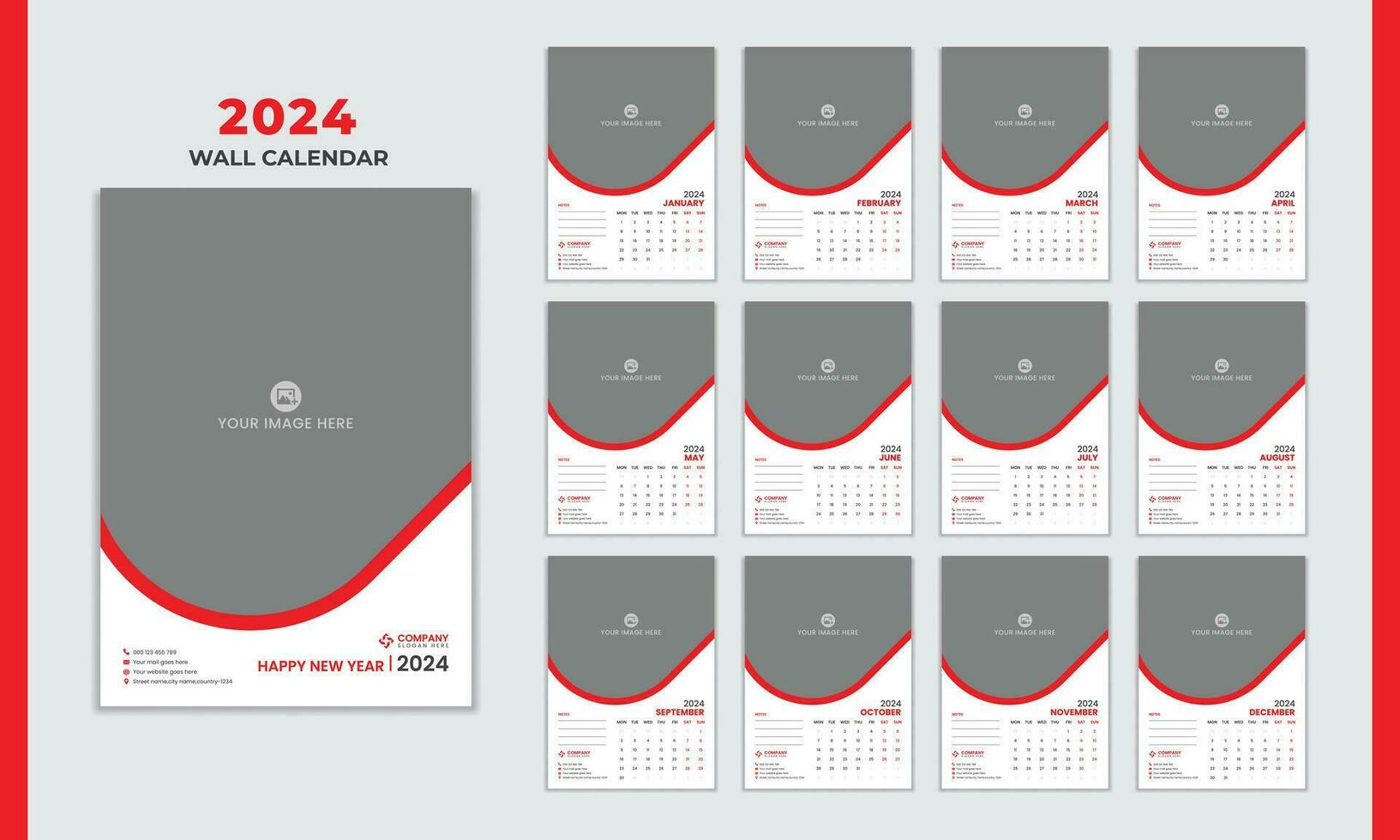 Mehrere Seiten Mauer Kalender 2024, 12 Seite modern Mauer Kalender 2024 Design vektor