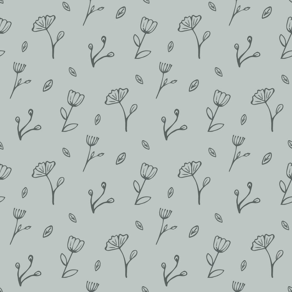 sömlös mönster, hand dragen blommor på en grå bakgrund, platt vektor, scandinavian mönster vektor