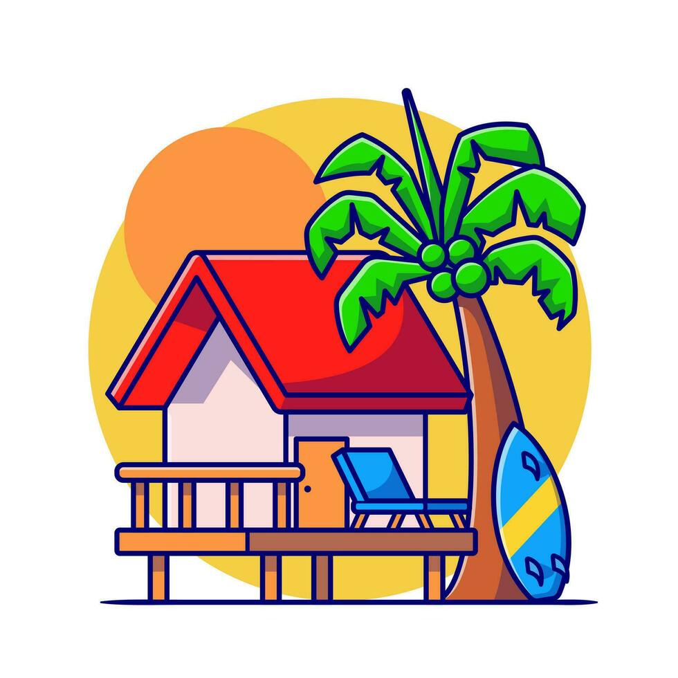 Hütte beim Strand mit Sonnenuntergang Karikatur Vektor Symbol Illustration. Gebäude Urlaub Symbol Konzept isoliert Prämie Vektor. eben Karikatur Stil