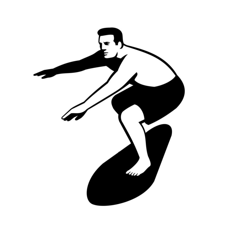 manlig surfare på surfa styrelse surfing främre se retro vektor