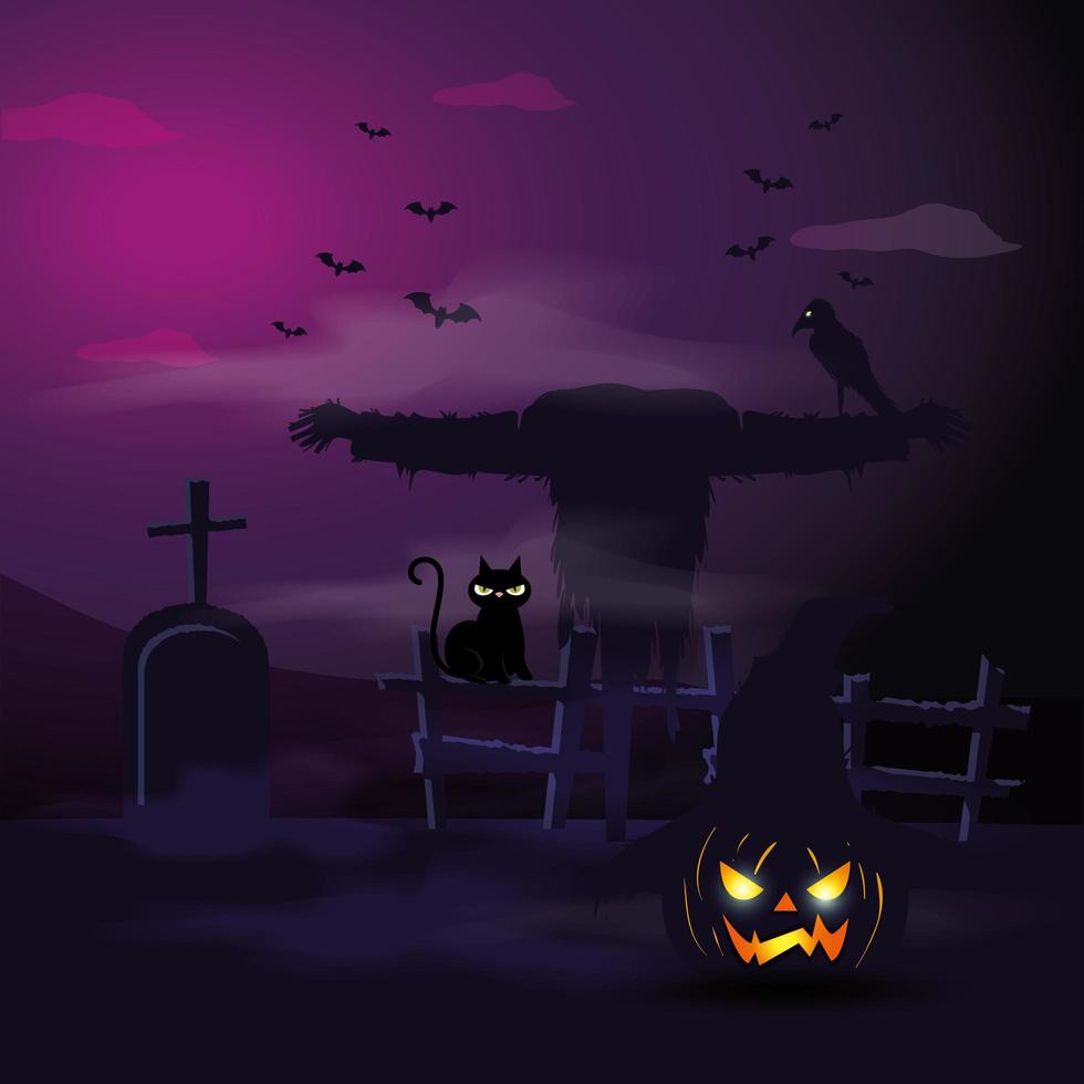 fågelskrämma med katt och grav i scenen halloween vektor