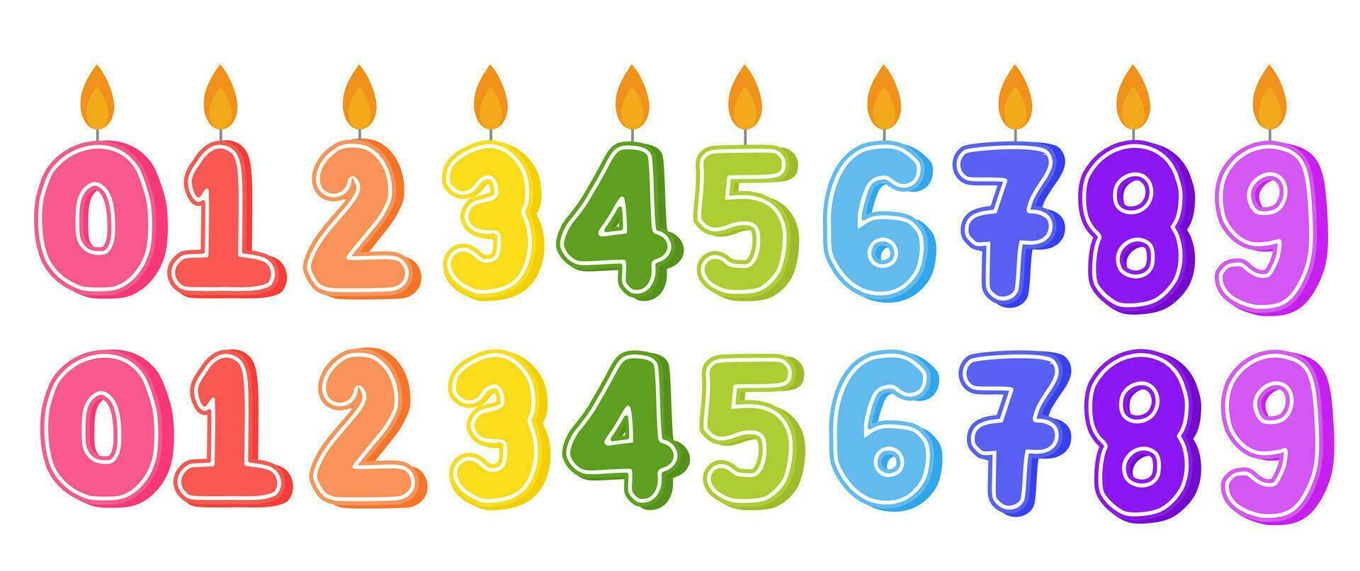einstellen von Geburtstag Nummer Kerzen.0,1,2,3,4,5,6,7,8 und 9.Cartoon Vektor Illustration.