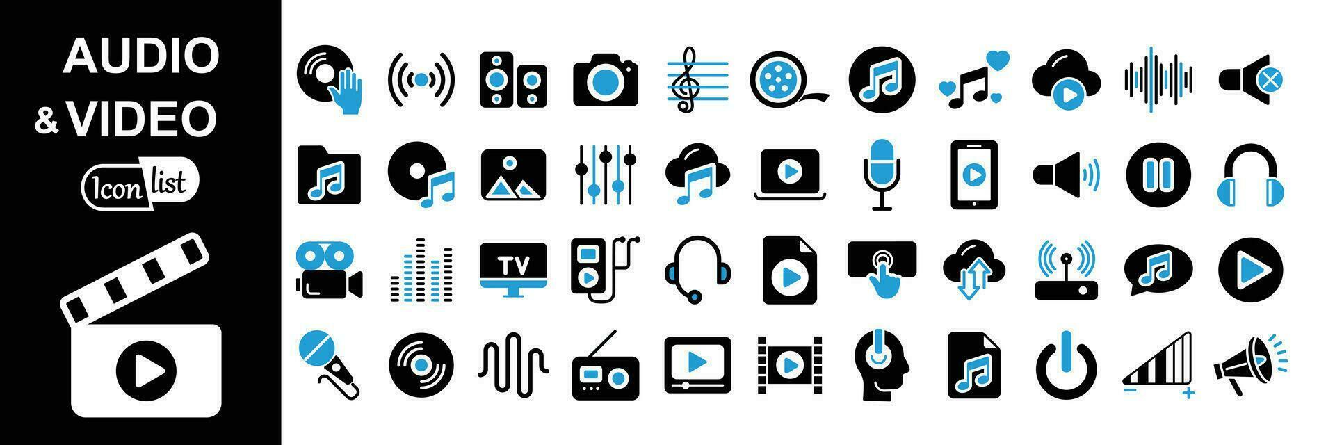 Audio- Video Symbol Satz. Musik, Kino, Datei, Lied, Film und Mehr einfach Vektor Symbole. Vektor Illustration.