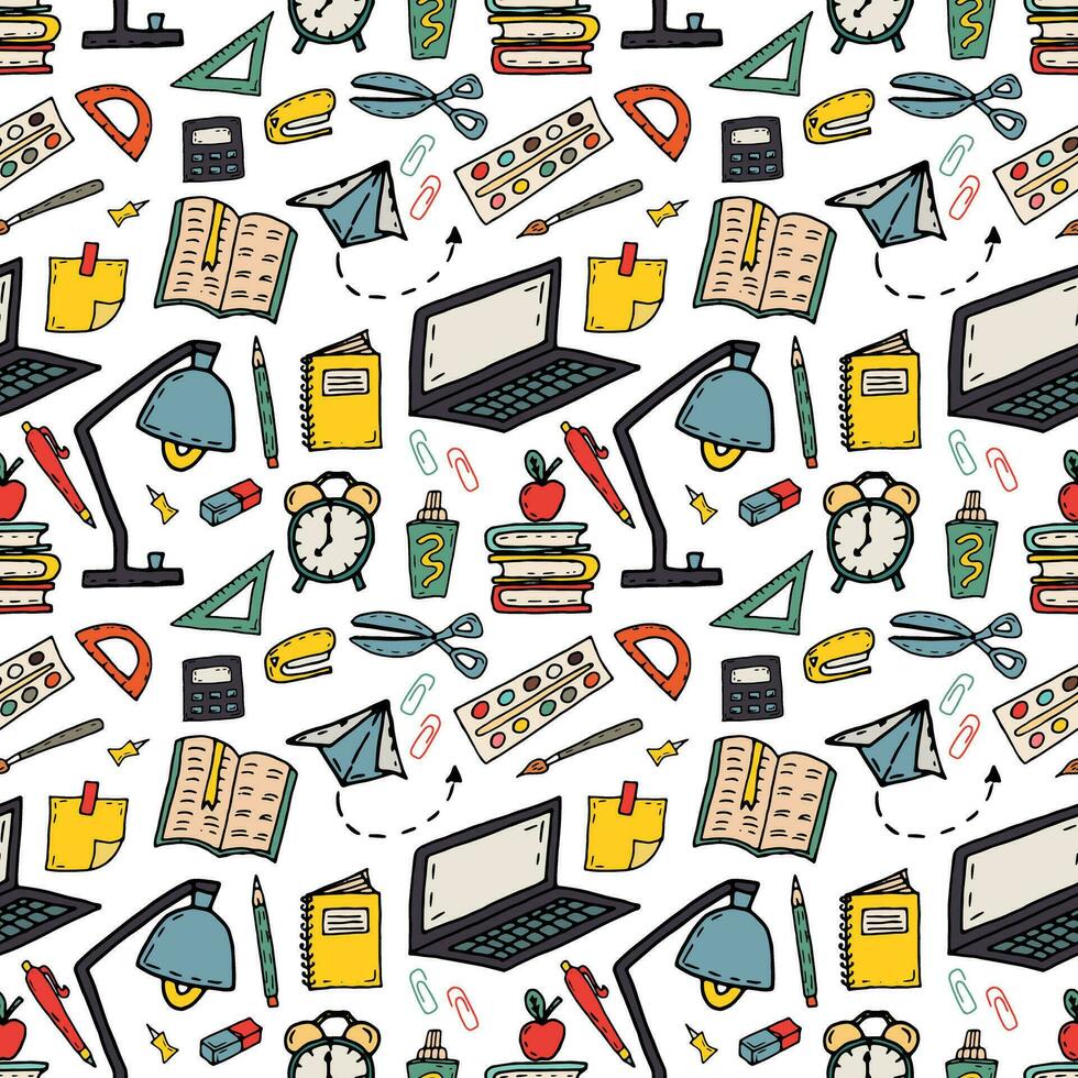 sömlös skola mönster - objekt och leveranser för studerar. laptor, lampa, böcker, penna, penna, målar, larm klocka. vektor klotter illustration vit bakgrund för förpackning, textil, tapet