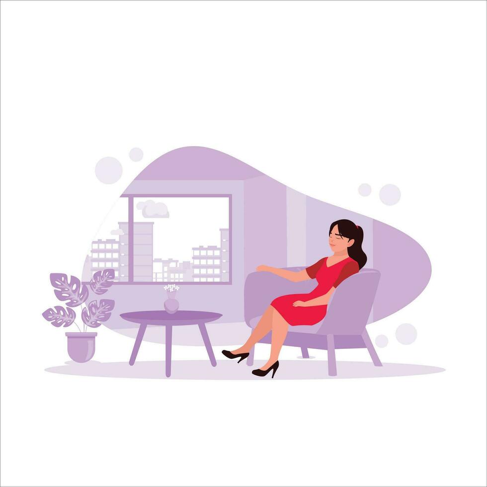 das jung Frau ist Sitzung auf das Sofa, genießen das Leben Räume Ruhe Atmosphäre und frisch Luft. mental Gesundheit Konzept. Trend modern Vektor eben Illustration