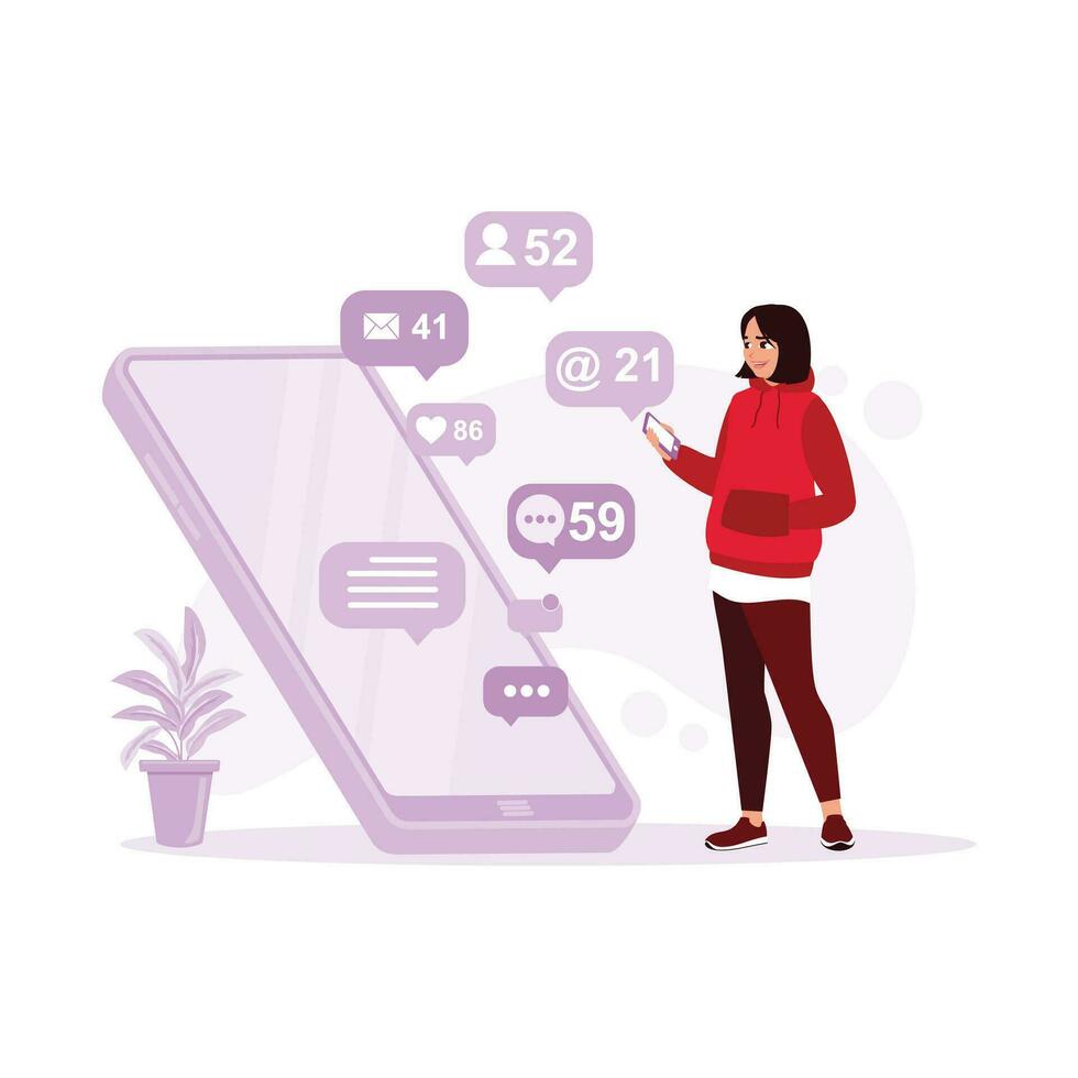 ein Frau mit ein Zelle Telefon mit Benachrichtigung Symbole auf das Bildschirm, Digital Marketing. Sozial Medien Konzept. Trend modern Vektor eben Illustration