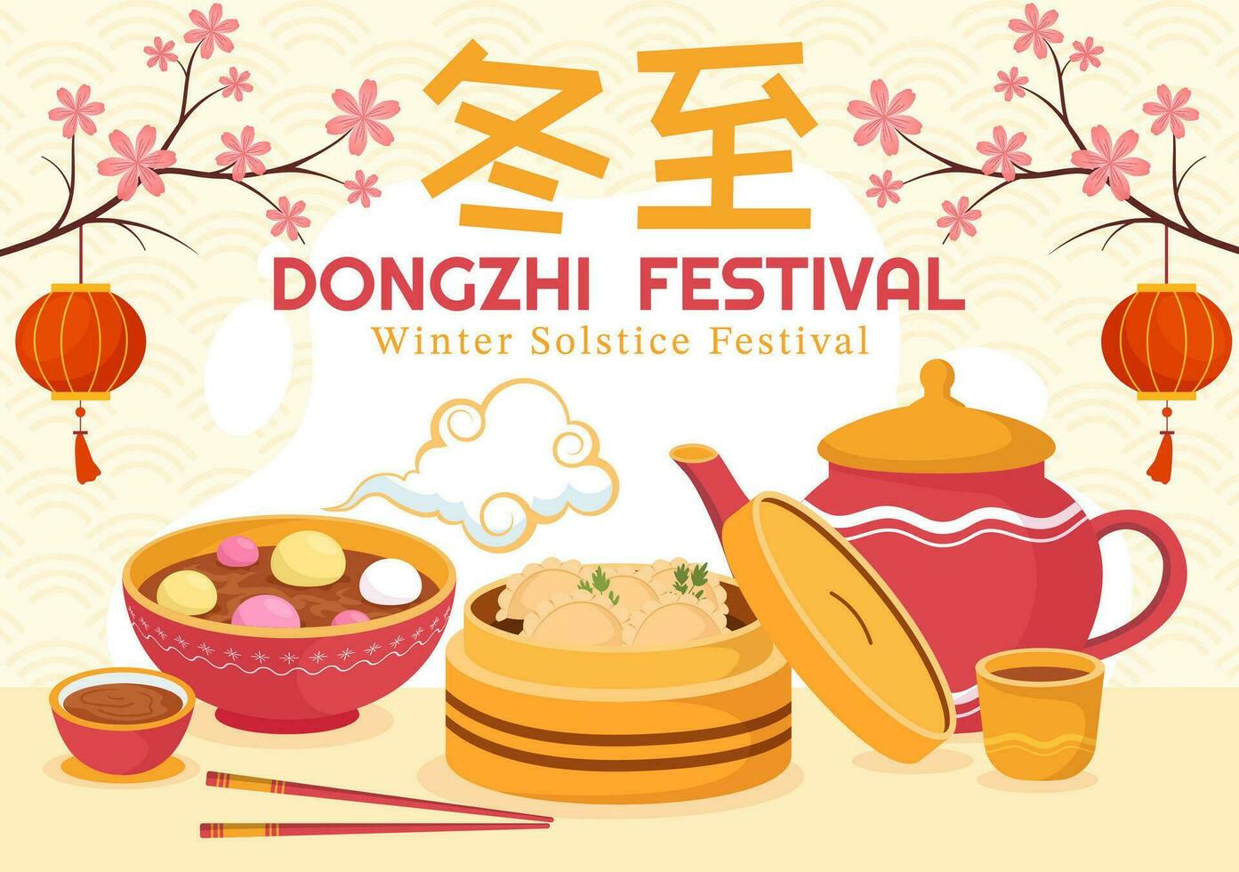 dongzhi eller vinter- solstånd festival vektor illustration på december 22 med kinesisk mat tangyuan och Jiaozi i platt tecknad serie bakgrund design