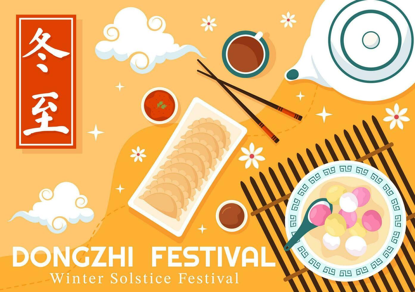 dongzhi eller vinter- solstånd festival vektor illustration på december 22 med kinesisk mat tangyuan och Jiaozi i platt tecknad serie bakgrund design