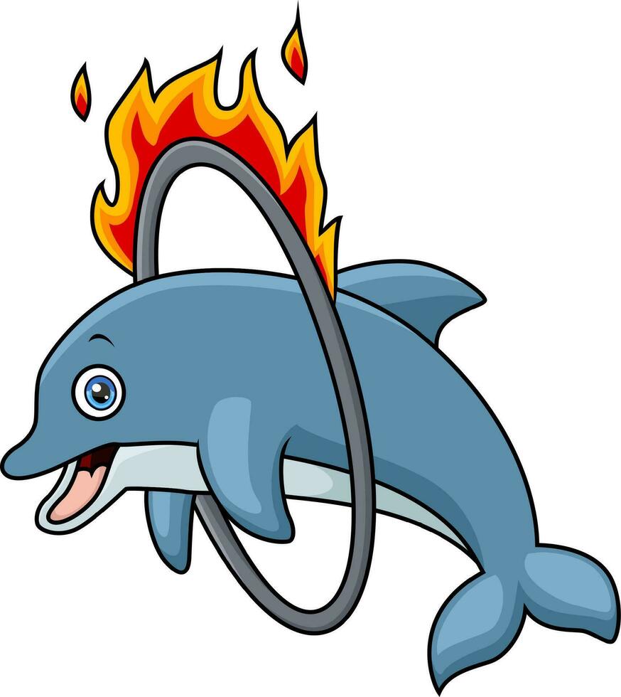 söt delfin tecknad serie hoppa till brand cirkel vektor