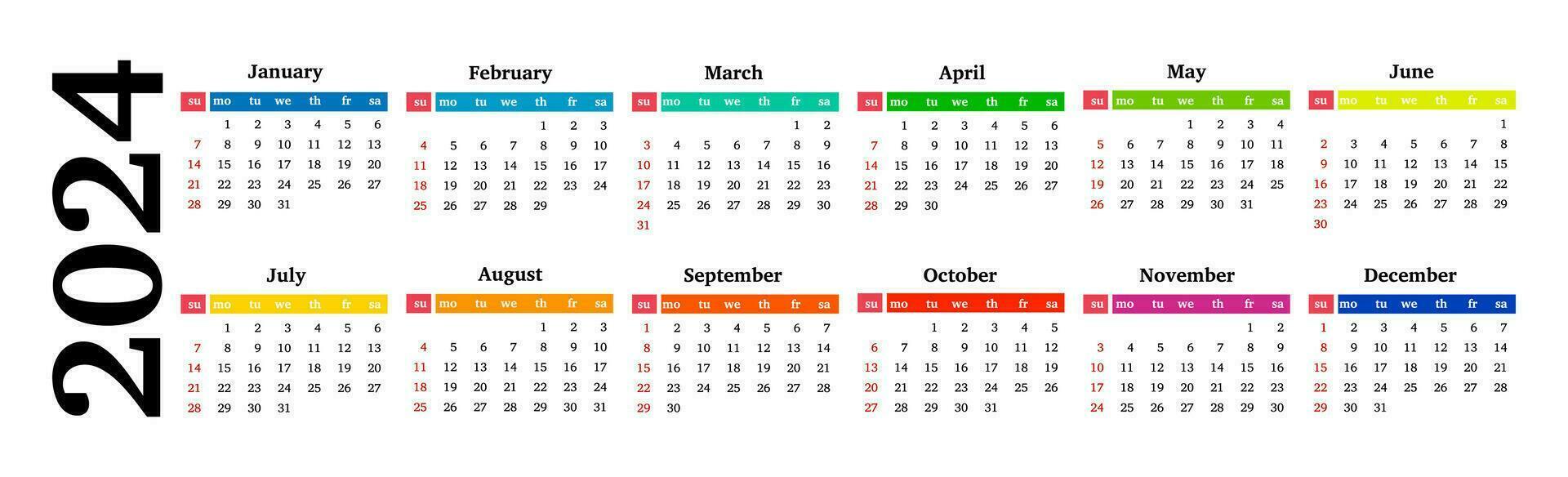 horizontal Kalender zum 2024 isoliert auf ein Weiß Hintergrund. Sonntag zu Montag, Geschäft Vorlage. Vektor Illustration