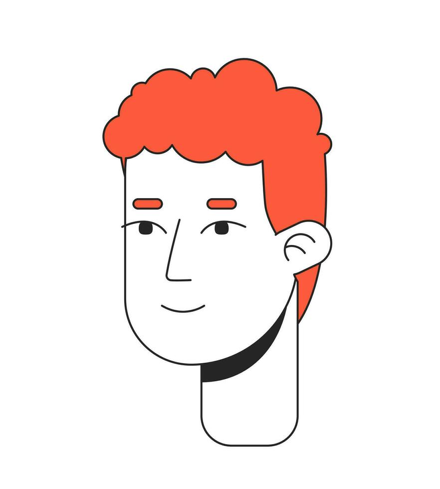 rödhårig lockigt hår glad man 2d linjär tecknad serie karaktär huvud. trevlig ser kille isolerat linje vektor person ansikte vit bakgrund. unge med ingefära frisyr Färg platt fläck illustration
