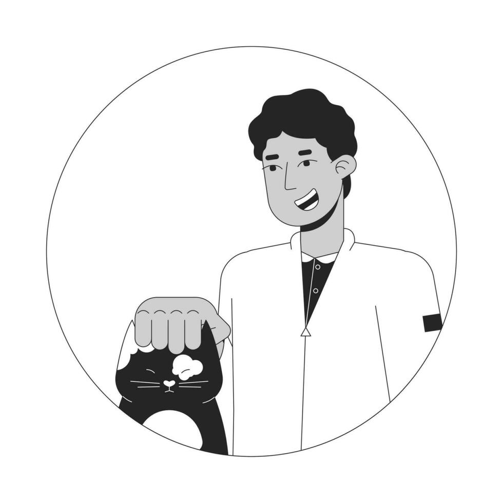 Mitte östlichen Teen Junge Petting Katze schwarz und Weiß 2d Vektor Benutzerbild Illustration. arabisch jung Mann Kratzen Kitty inländisch Gliederung Karikatur Charakter Gesicht isoliert. Haustier Inhaber eben Benutzer Profil Bild