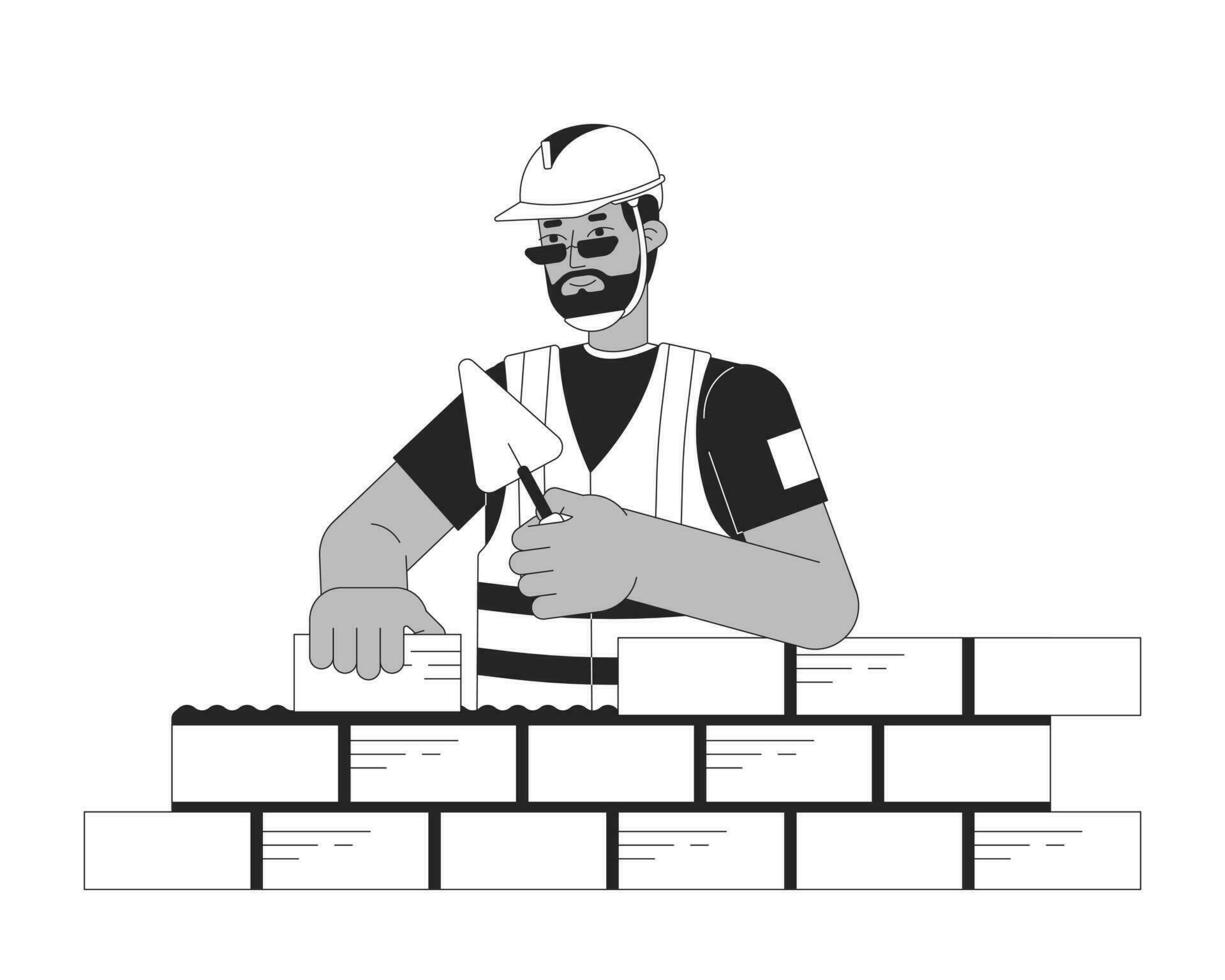 Konstruktion Arbeiter Verlegung Ziegel schwarz und Weiß Karikatur eben Illustration. afrikanisch amerikanisch männlich Zuhause Baumeister 2d lineart Charakter isoliert. Gebäude Seite? ˅ einfarbig Szene Vektor Gliederung Bild