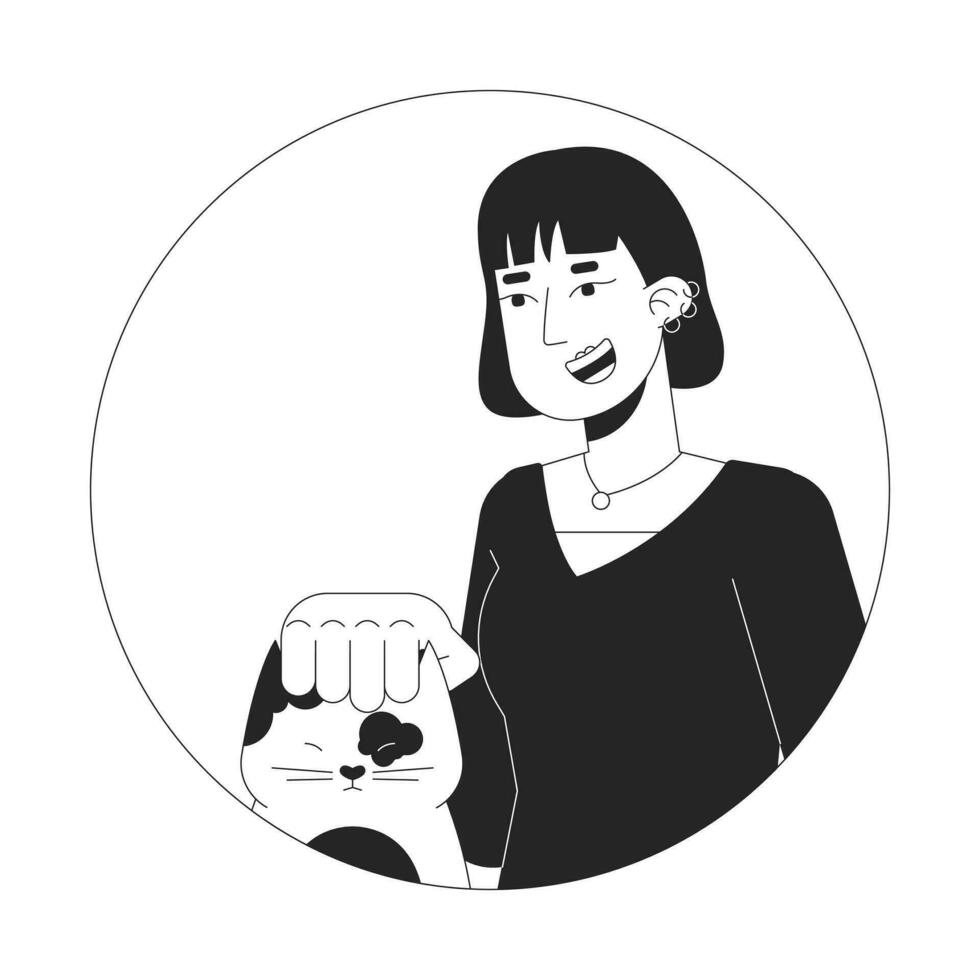 öra piercingar asiatisk flicka petting katt 2d linje vektor avatar illustration. kattunge huvud repa översikt tecknad serie karaktär ansikte. sällskapsdjur älskare, eleganta koreanska kvinna platt Färg användare profil bild isolerat