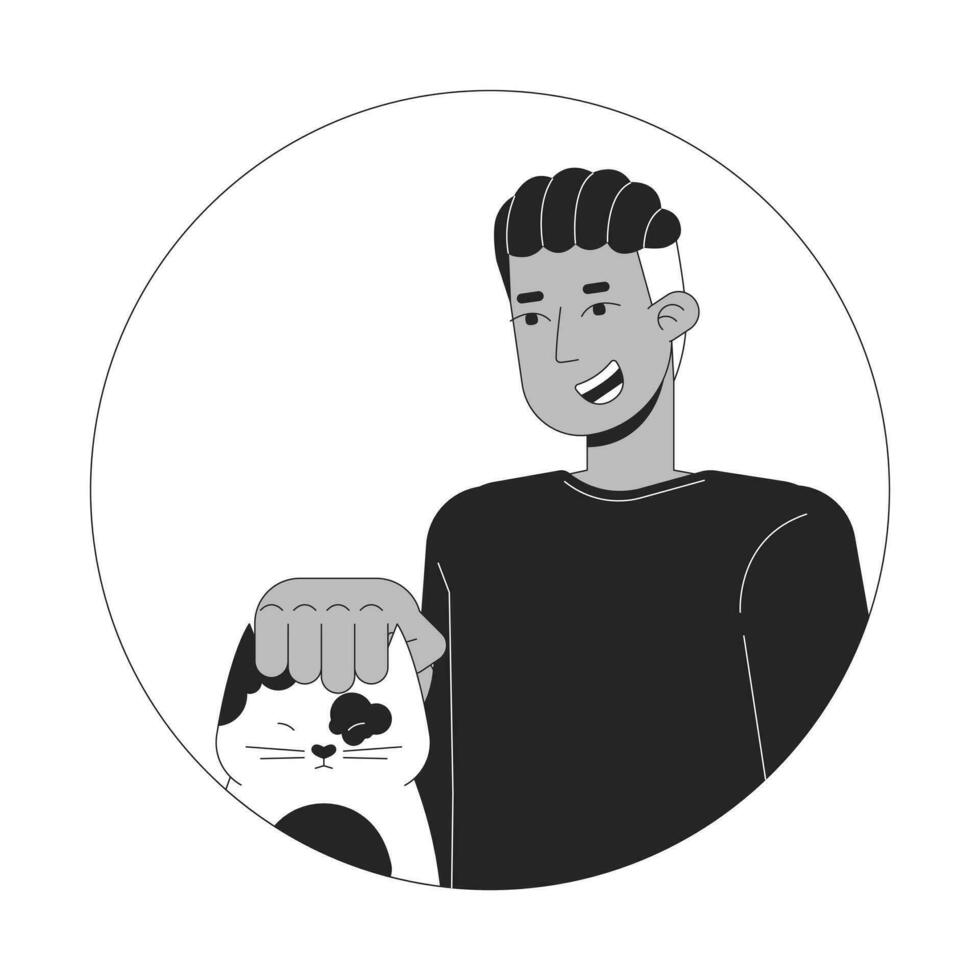 afrikansk amerikan vuxen man petting katt svart och vit 2d vektor avatar illustration. flätad svart manlig sällskapsdjur ägare översikt tecknad serie karaktär ansikte isolerat. kattunge varelse klappad platt användare profil bild