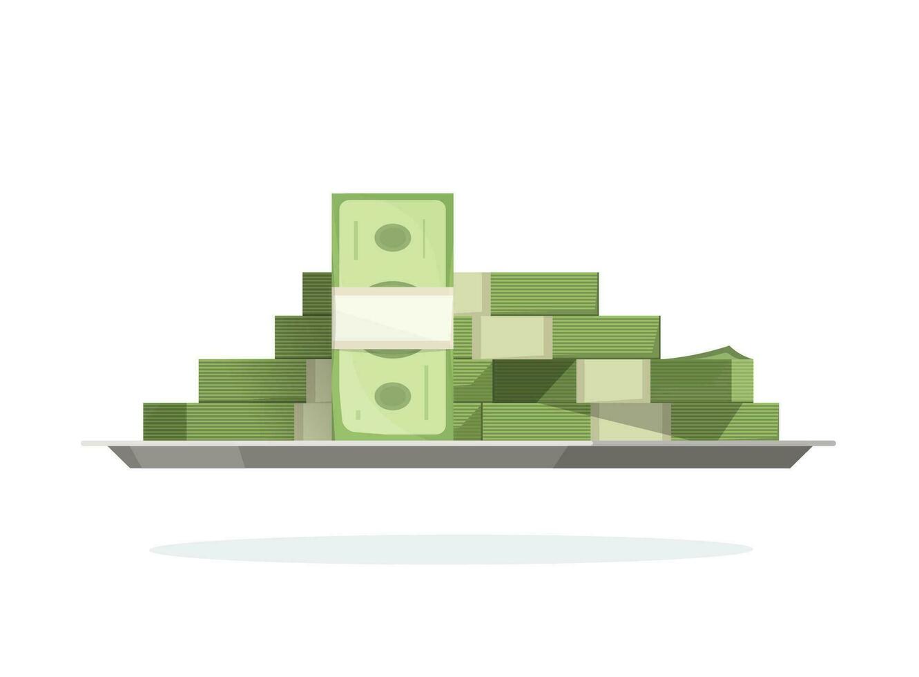pengar lugg på bricka vektor illustration, platt tecknad serie papper kontanter stor högen eller stack, aning av ger lån eller kreditera, pris- eller vinna bild