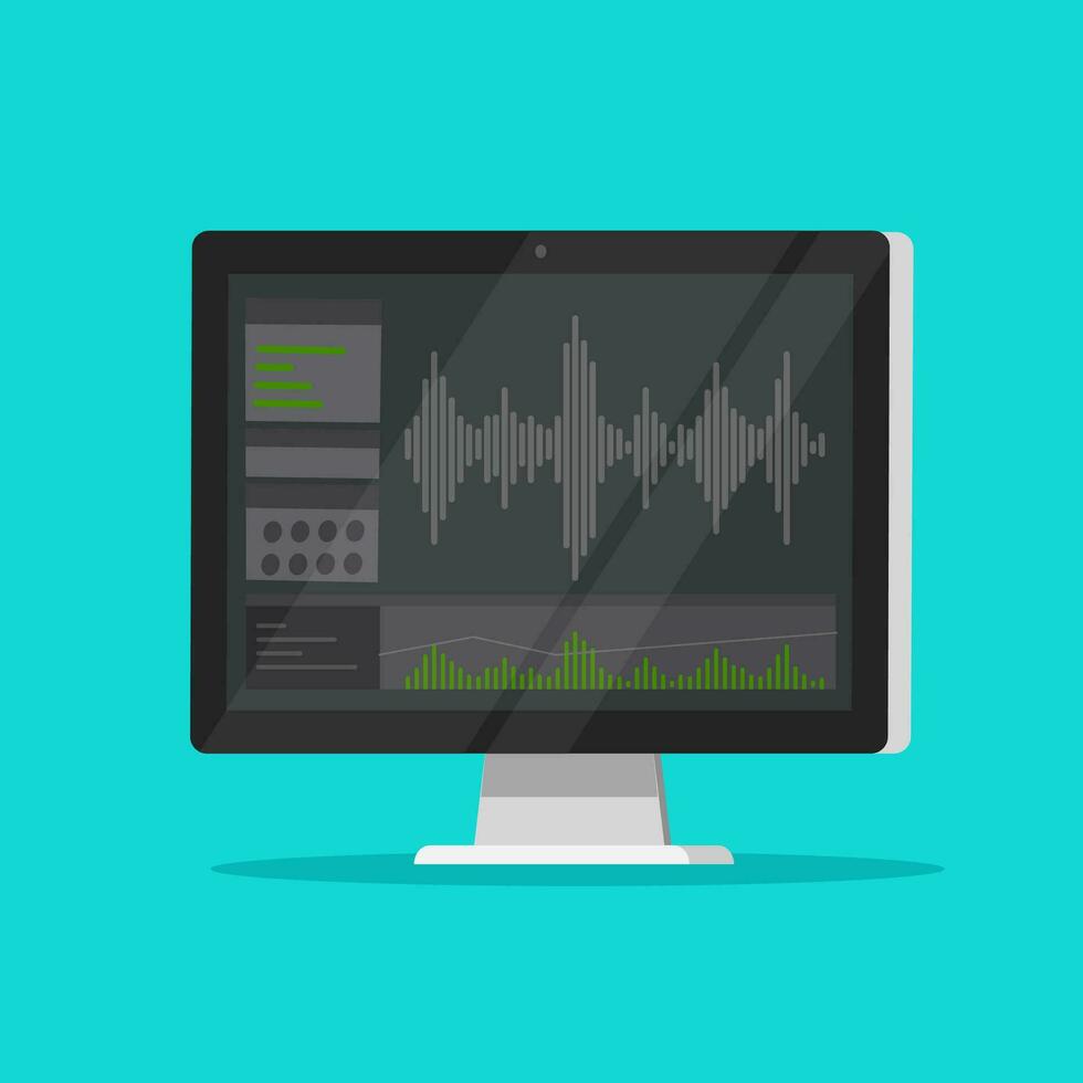 Klang oder Audio- Recorder oder Editor Software auf Computer Bildschirm, eben Karikatur Monitor mit Audio- Rührgerät Studio Symbol isoliert Bild vektor