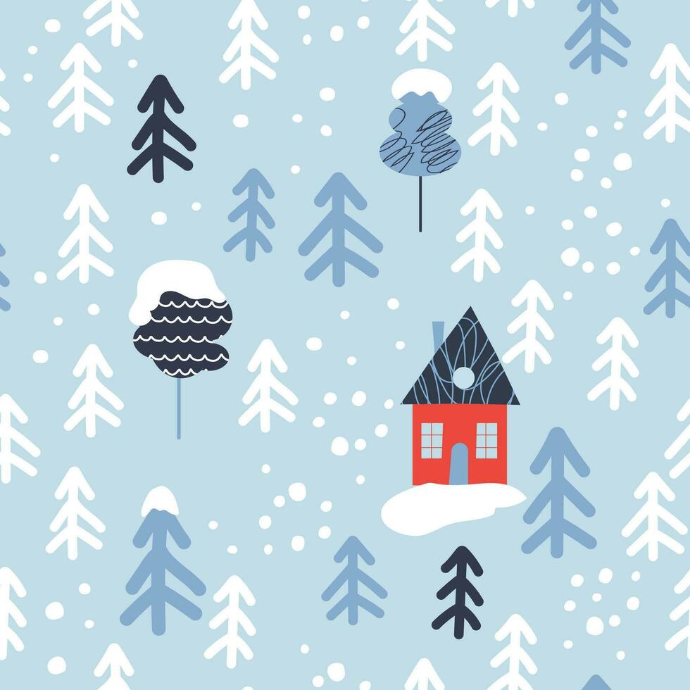 jul sömlös mönster med hus och jul träd. hand dragen vektor illustration. Semester ändlös textur för omslag papper, textil, tyg design.
