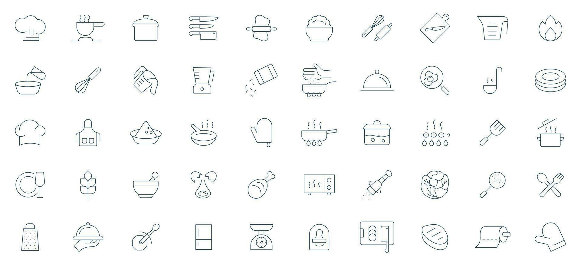 kök och matlagning linje ikon uppsättning. mat, kök verktyg, matlagning redskap, kock, och restaurang ikoner vektor illustration