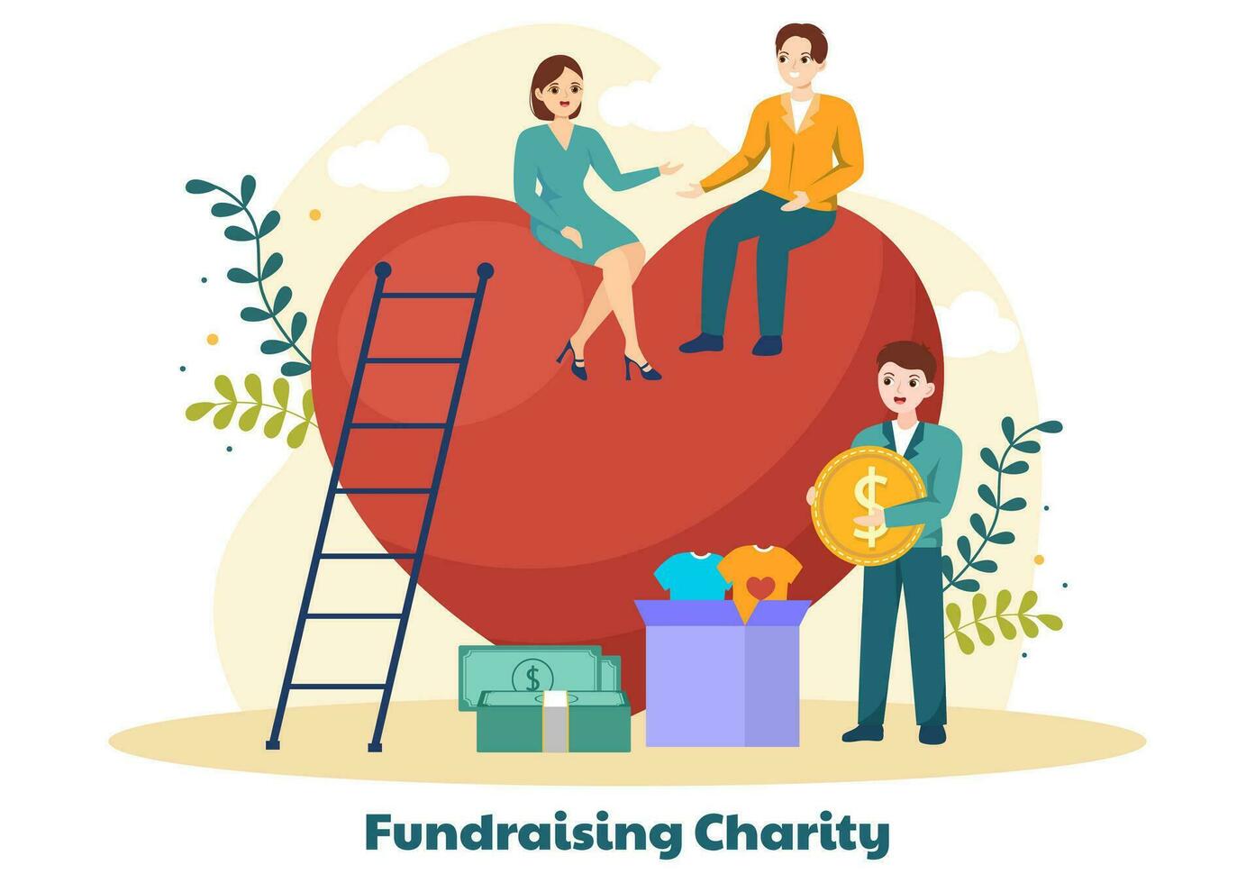 insamlingar välgörenhet och donation vektor illustration med volontärer sätta mynt eller pengar i donation låda i finansiell Stöd tecknad serie bakgrund