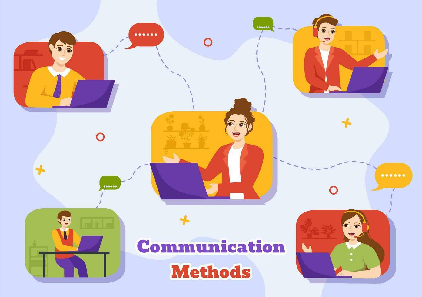 Kommunikation Methoden Vektor Illustration mit Mannschaft Verweisung Marketing, Projekt Management, Sozial Netzwerke und Öffentlichkeit Beziehungen im eben Hintergrund