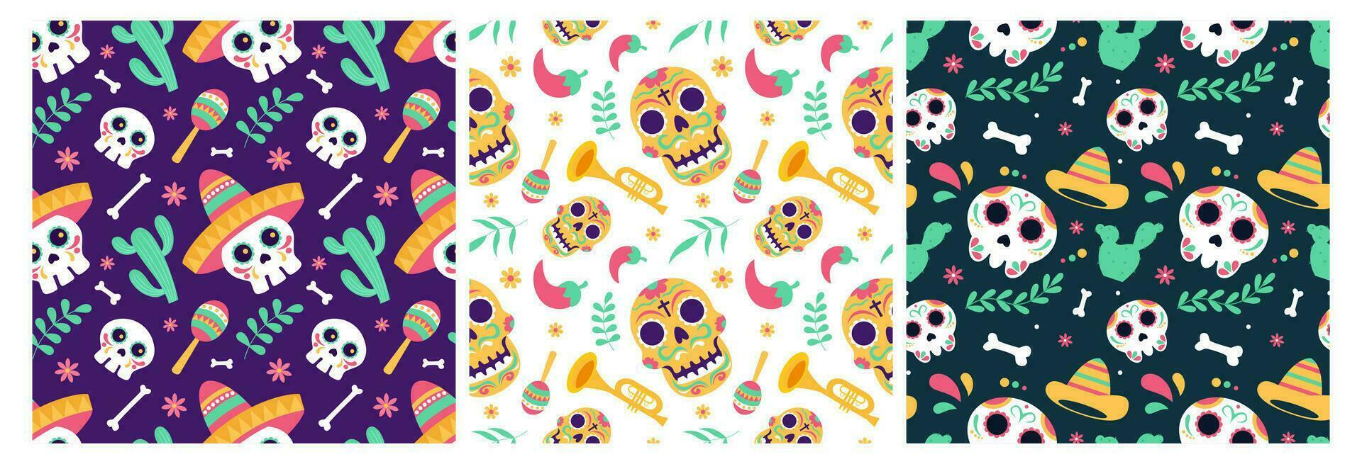 uppsättning av dia de muertos sömlös mönster illustration med dag av de död- och skelett element i mexikansk design vektor