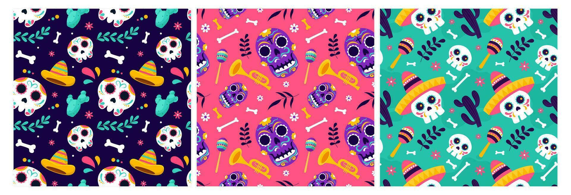 einstellen von dia de Muertos nahtlos Muster Illustration mit Tag von das tot und Skelett Element im Mexikaner Design vektor