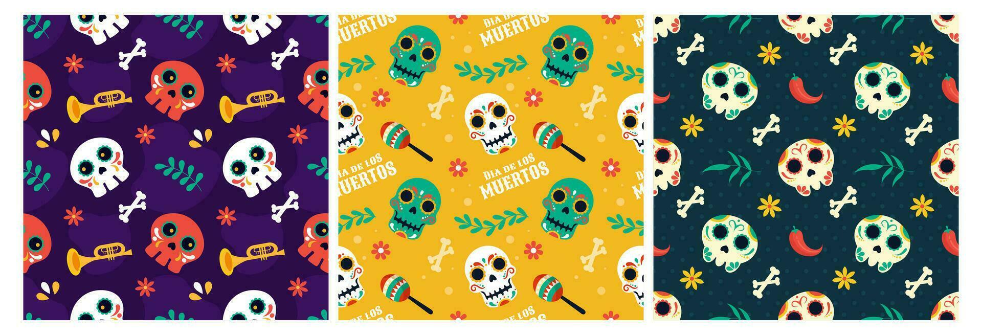 uppsättning av dia de muertos sömlös mönster illustration med dag av de död- och skelett element i mexikansk design vektor