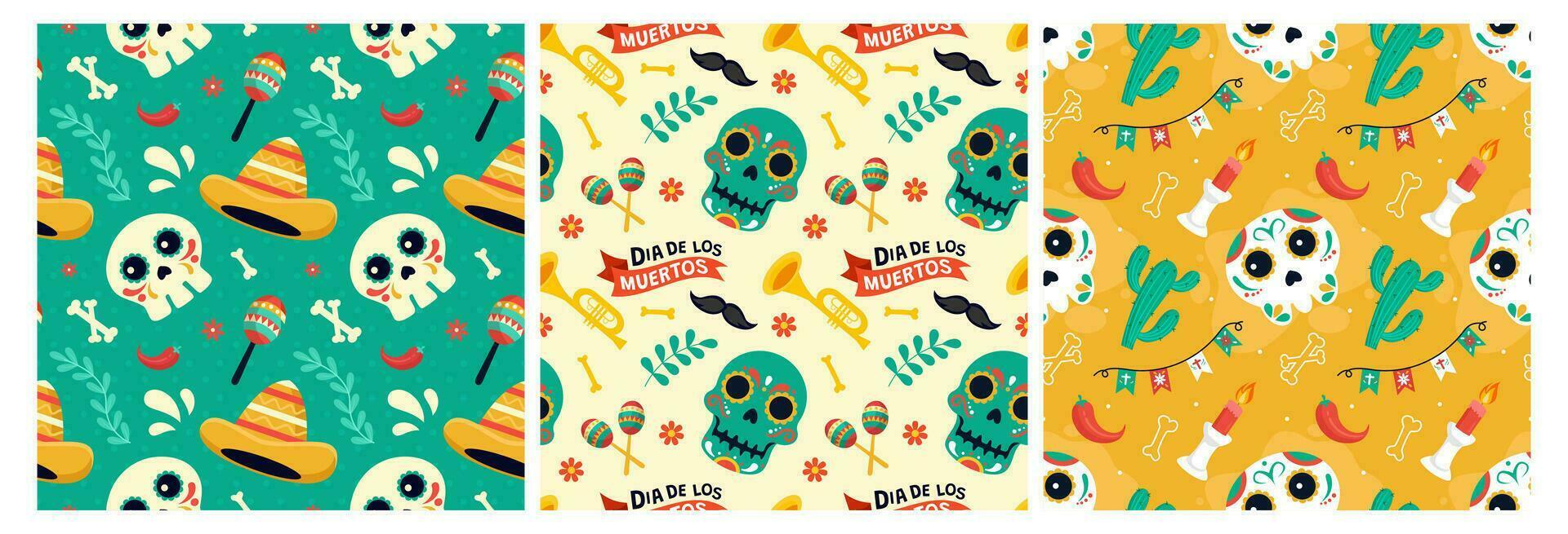 uppsättning av dia de muertos sömlös mönster illustration med dag av de död- och skelett element i mexikansk design vektor