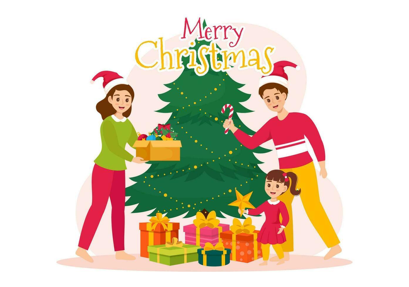 glad jul vektor illustration med santa claus, struntsak boll, gåva låda, överraskning gåvor, träd och snö bakgrund i platt tecknad serie design