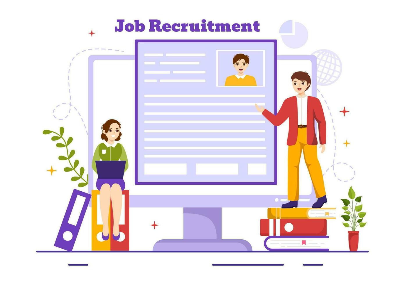 jobb rekrytering eller vi är anställa vektor illustration med kandidater ger CV till intervju företag till bli ett anställd i platt tecknad serie bakgrund