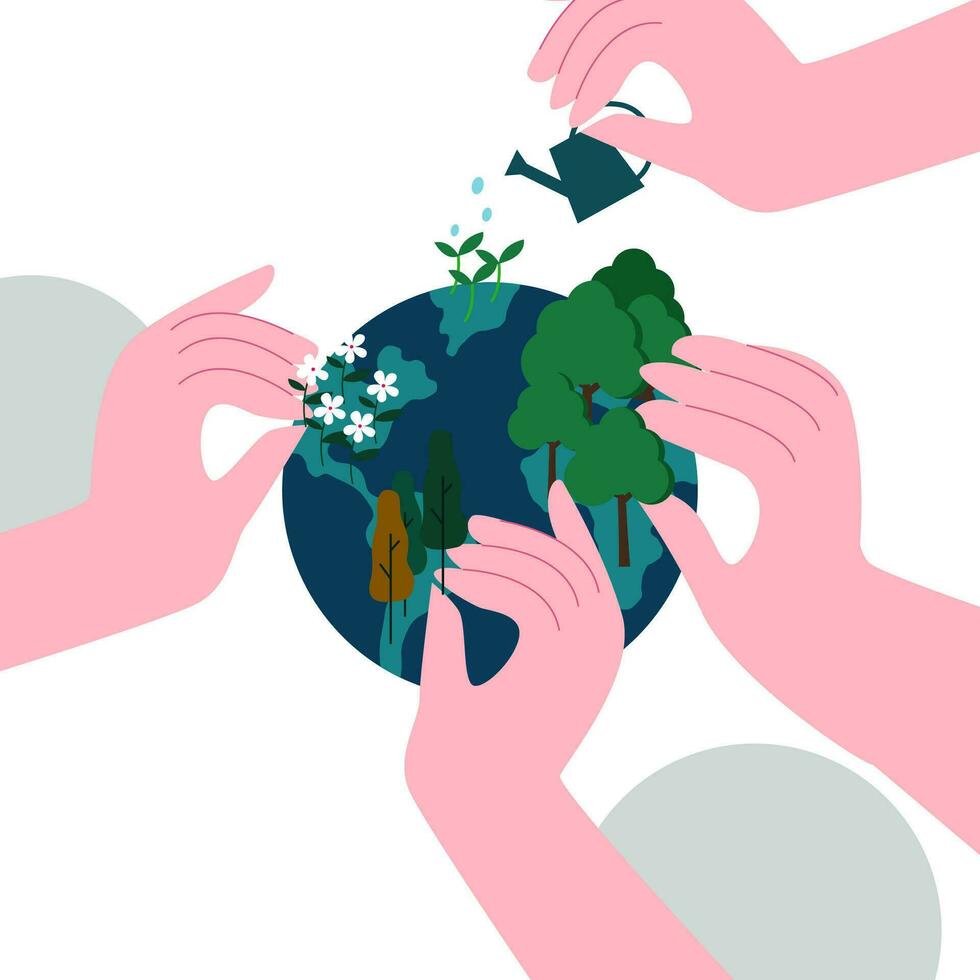 Menschen Hand Pflanze Bäume auf das Erde. schützen Grün Planet Konzept vektor